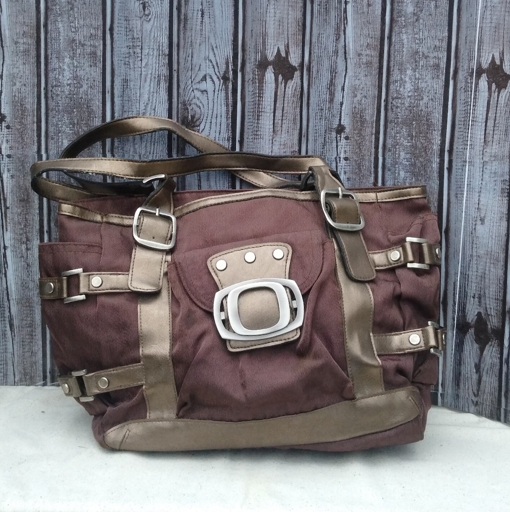 Rip Stop Nylon Faux Leather Buckle & Strap 3 Compartment Shoulder Bag